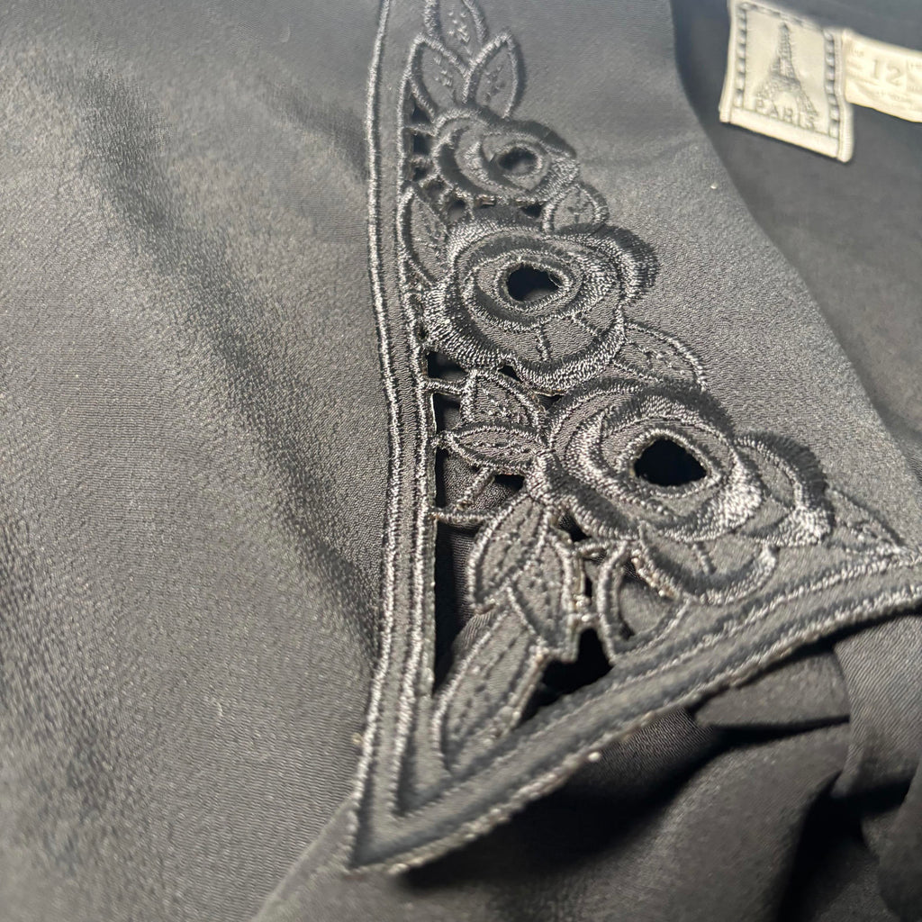 Paris Black Women's Blouse Size 12 Elegant Embroidered Collar - Come Sell Nearly Anything