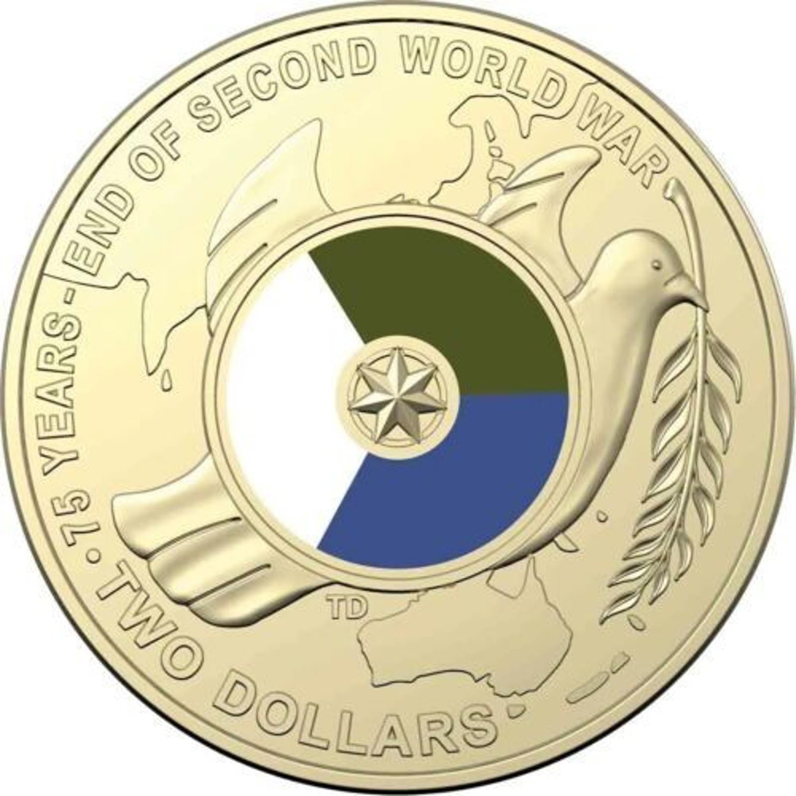 UNC 2020 $2 75th Anniversary The End of WW2 Dove two Dollar coloured Coin in 2x2
