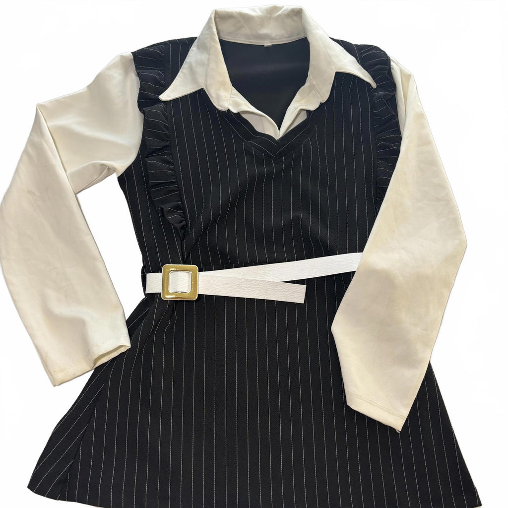 Elegant Black Pinstripe Long Sleeve Dress with White Collar and Belt - Size 40 - Come Sell Nearly Anything