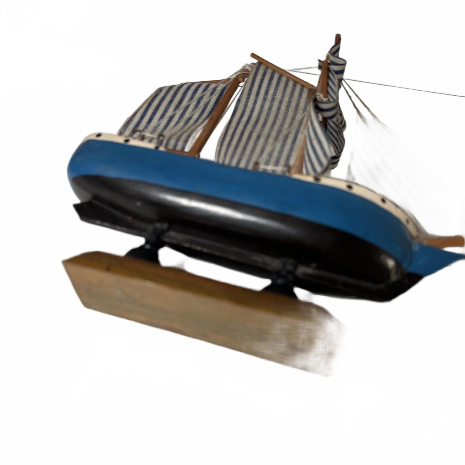 Decorative Nautical Wooden Sailboat Model w/ Blue & White Striped Sails broken m