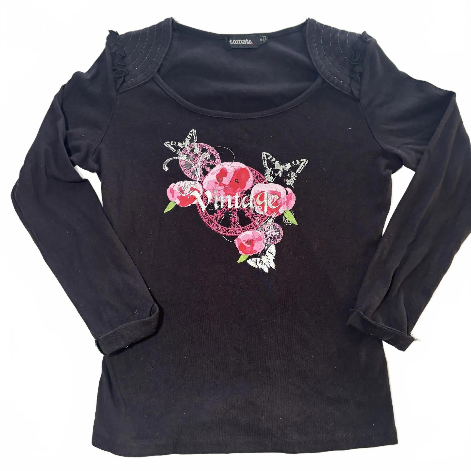 Tomato Women's Long Sleeve T-Shirt Size 12 Black Floral Vintage Design - Come Sell Nearly Anything