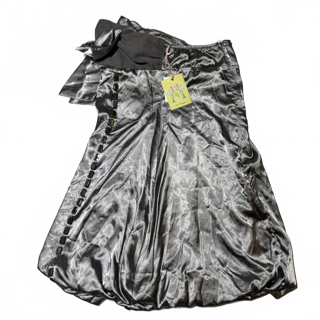 Women's CCT Fashion Silver Satin Bubble Hem Skirt with Ribbon Detail Size M BNWT