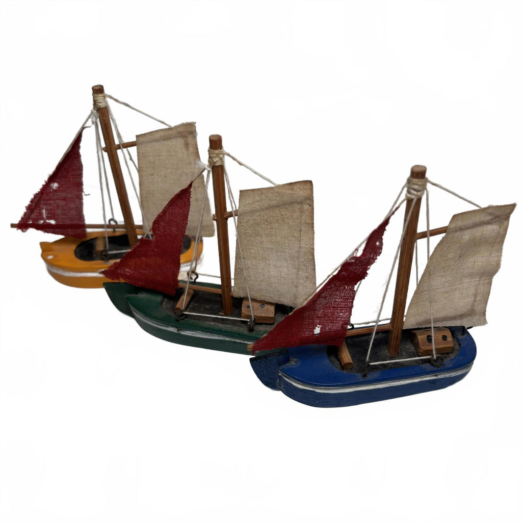 Set of 3 Miniature Wooden Sailboats with Fabric Sails