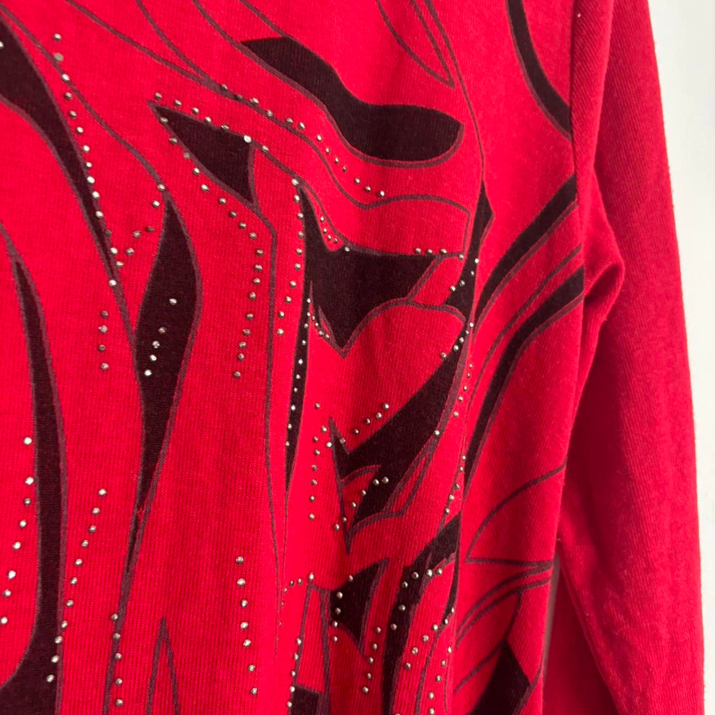 FILO Women's Red Long Sleeve Top with Black Abstract Design and Rhinestones, XL - Come Sell Nearly Anything