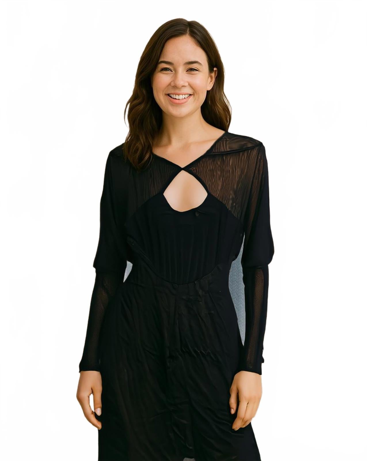 Authentic D&G Dolce Gabbana Black Sheer Mesh Panel Maxi Dress Long Sleeve - Come Sell Nearly Anything