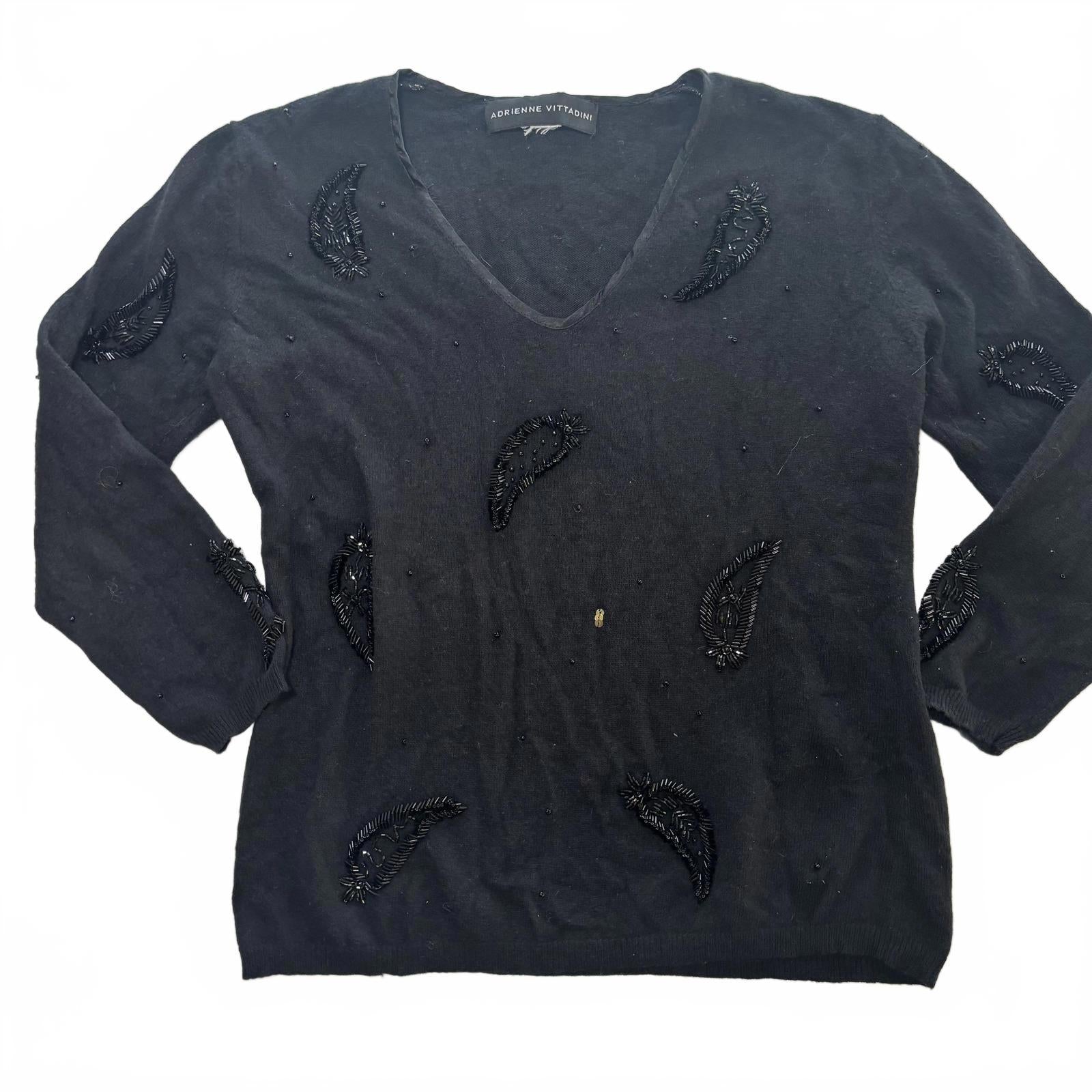 Adrienne Vittadini Black Beaded V-Neck Sweater Medium - Come Sell Nearly Anything
