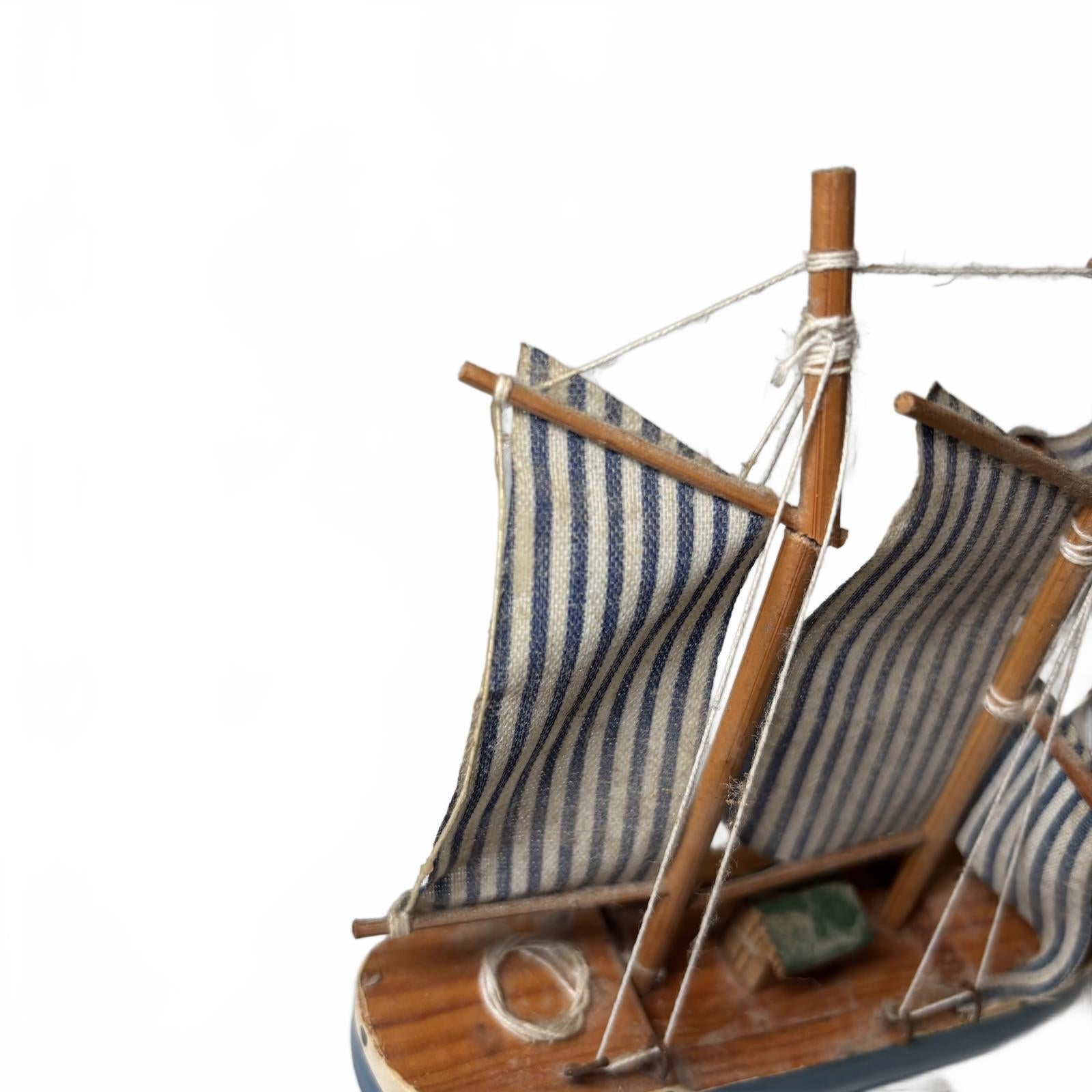 Decorative Nautical Wooden Sailboat Model w/ Blue & White Striped Sails broken m