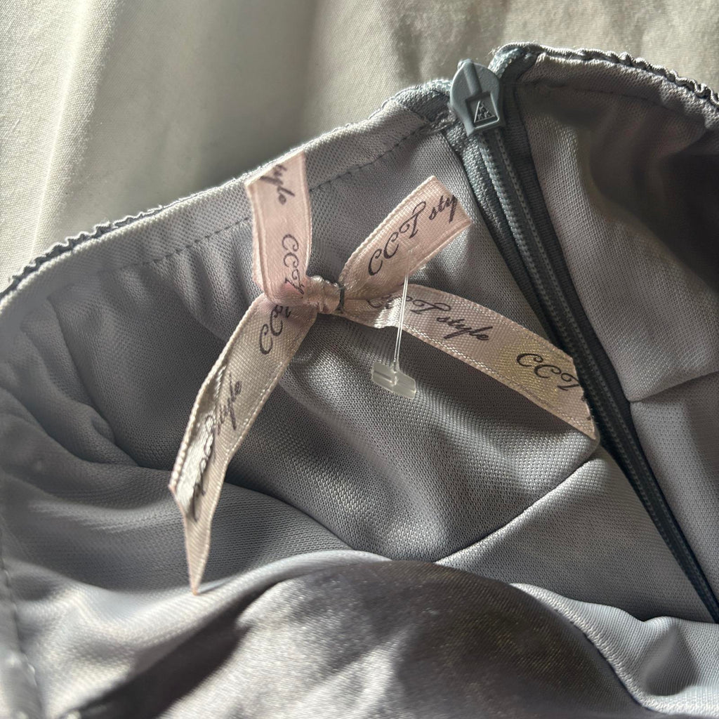 Women's CCT Fashion Silver Satin Bubble Hem Skirt with Ribbon Detail Size M BNWT