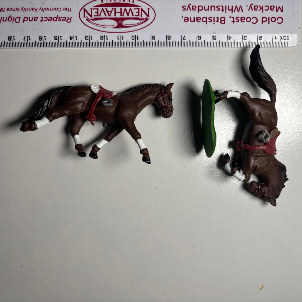 Set of 2 Brown Plastic Toy Horses with Saddle and Base