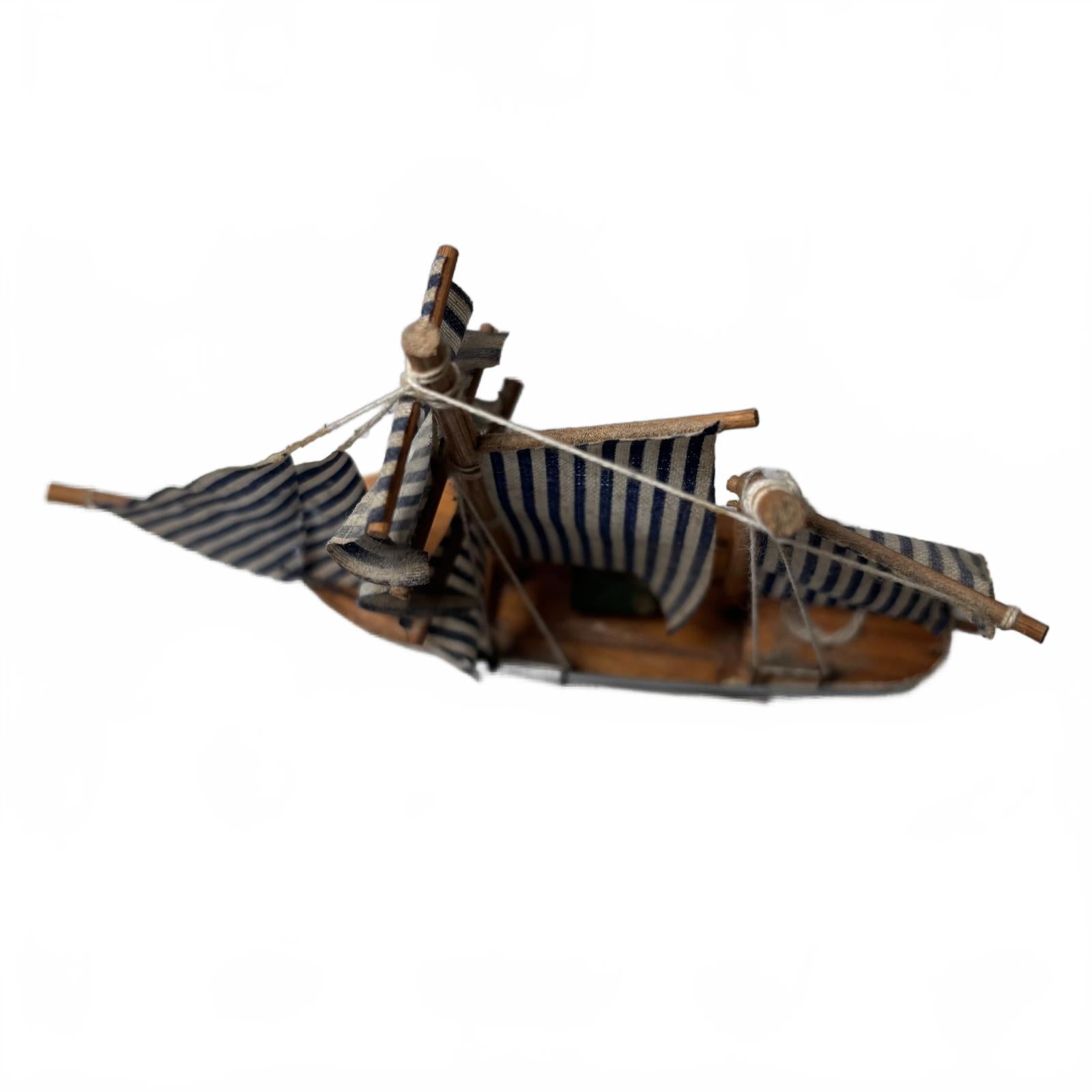 Decorative Nautical Wooden Sailboat Model w/ Blue & White Striped Sails broken m