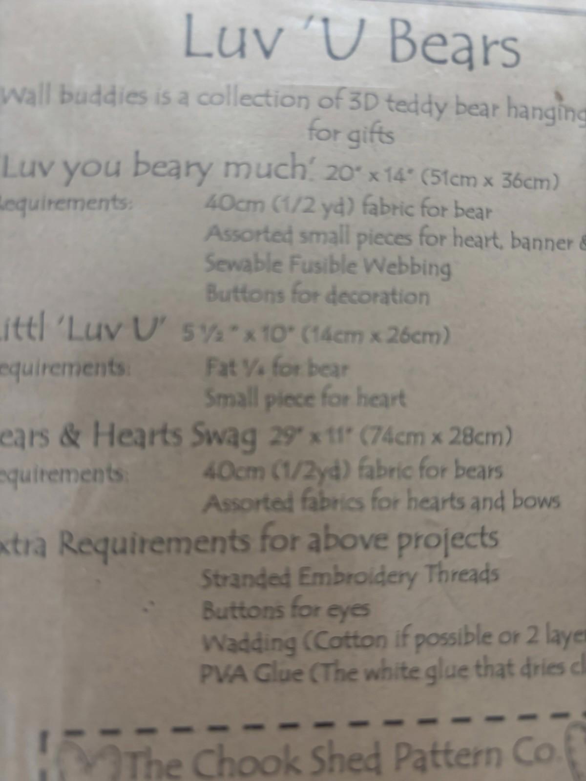 The Chook Shed - Luv u Bears Patchwork Wall Hanger Sew Pattern Vintage Craft - Come Sell Nearly Anything