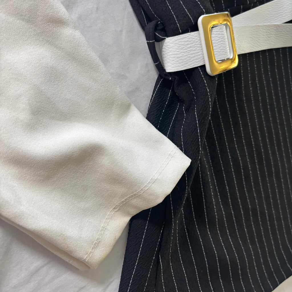 Elegant Black Pinstripe Long Sleeve Dress with White Collar and Belt - Size 40 - Come Sell Nearly Anything