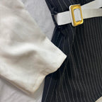 Elegant Black Pinstripe Long Sleeve Dress with White Collar and Belt - Size 40 - Come Sell Nearly Anything