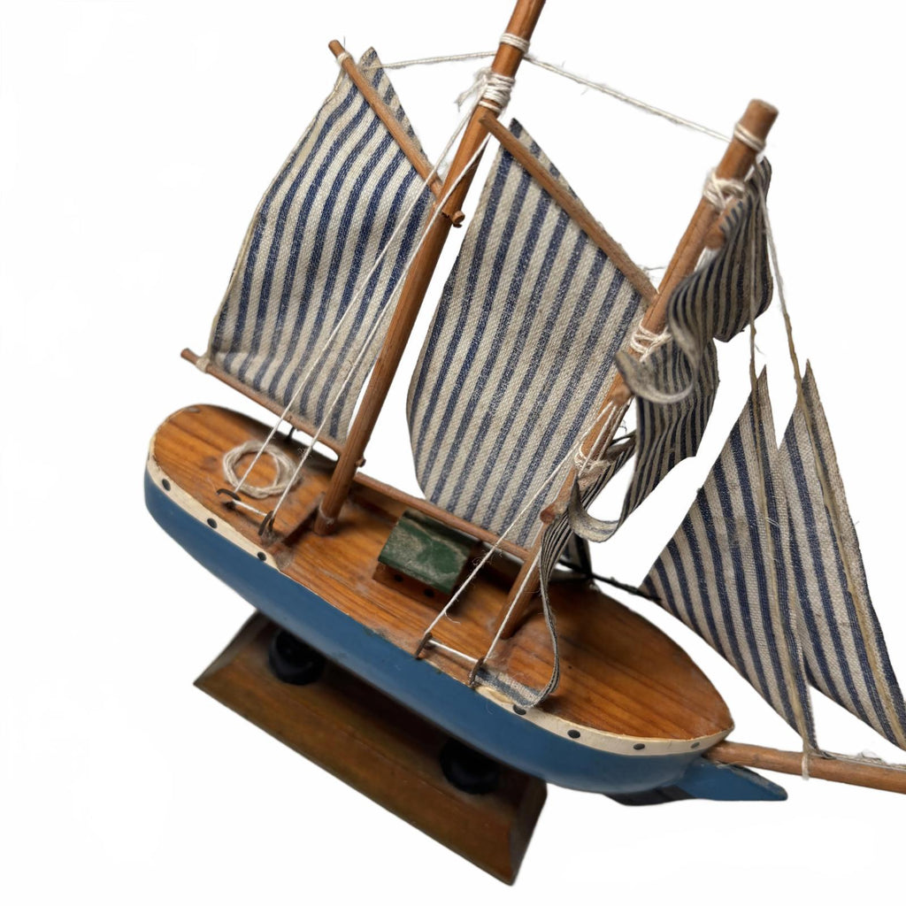Decorative Nautical Wooden Sailboat Model w/ Blue & White Striped Sails broken m