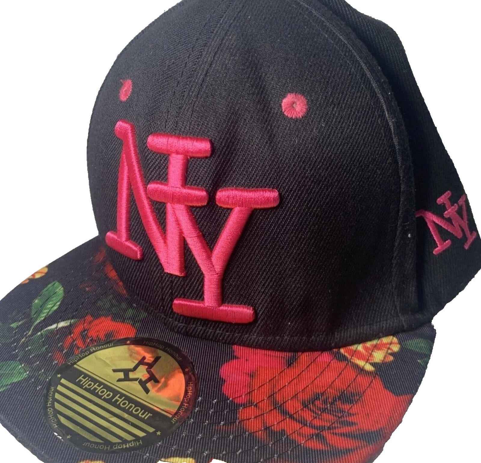 NY HipHop Honor Baseball Cap Size Black &amp; Pink With Flowers Brim SnapBack.