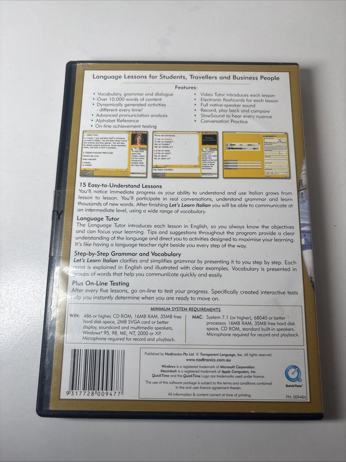 Let's Learn Italian 2002 PC Full Version Software Interactive Learning Brand New