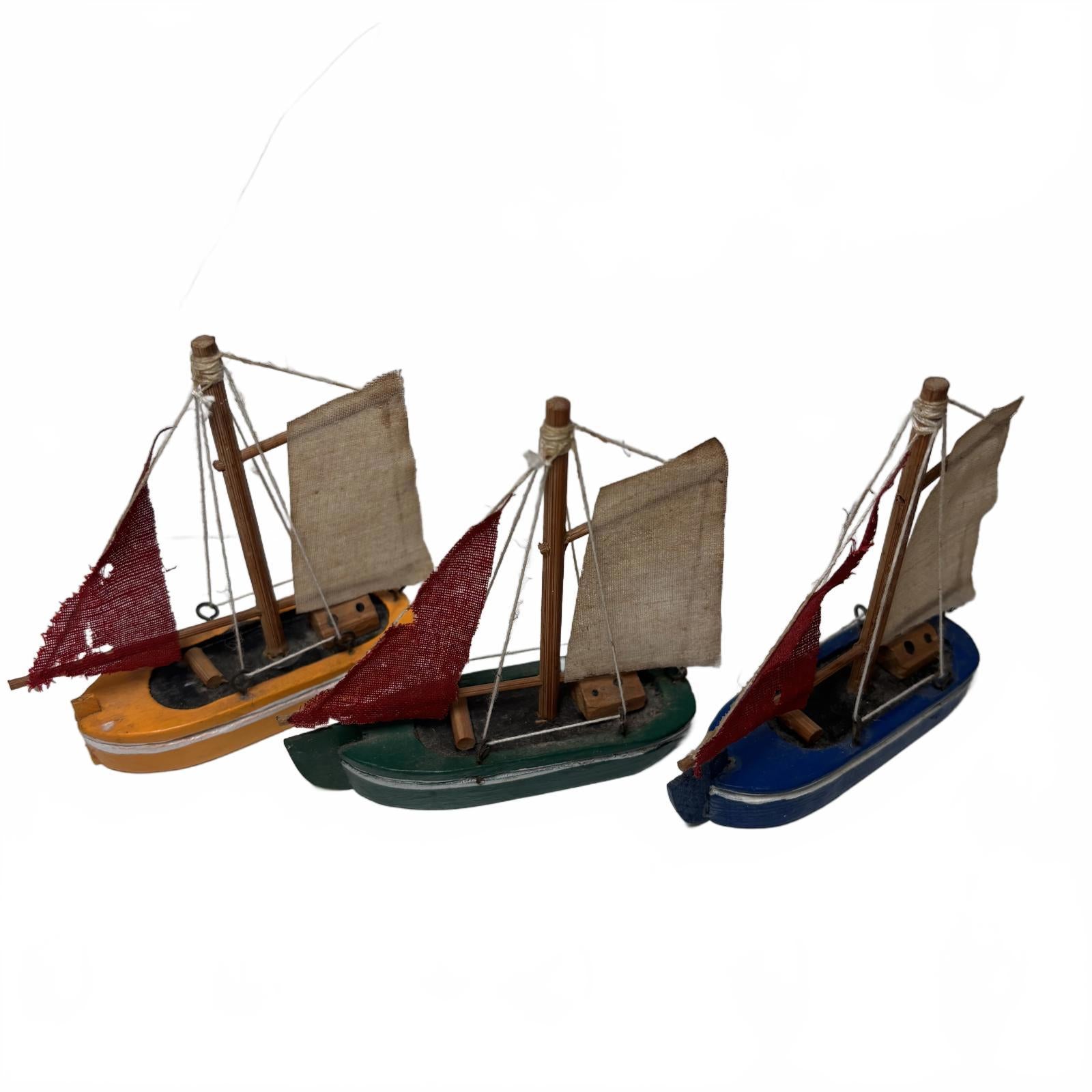Set of 3 Miniature Wooden Sailboats with Fabric Sails