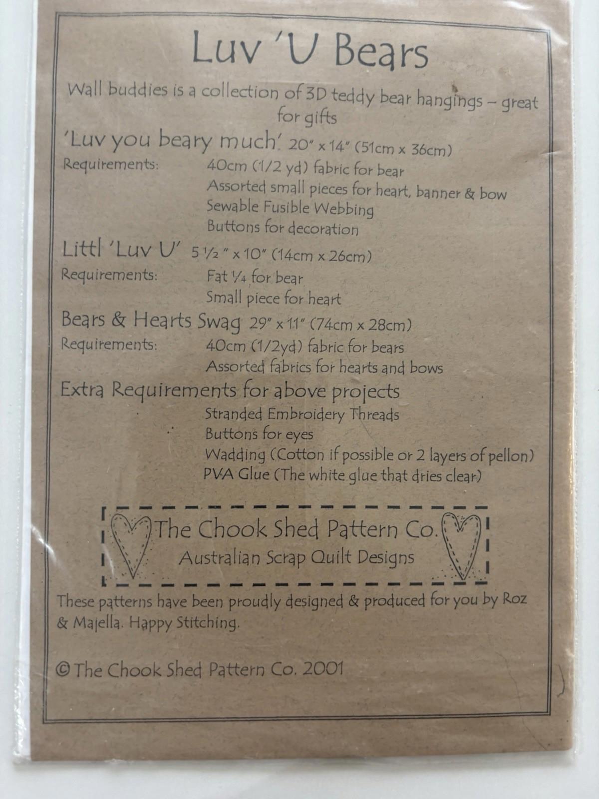 The Chook Shed - Luv u Bears Patchwork Wall Hanger Sew Pattern Vintage Craft - Come Sell Nearly Anything