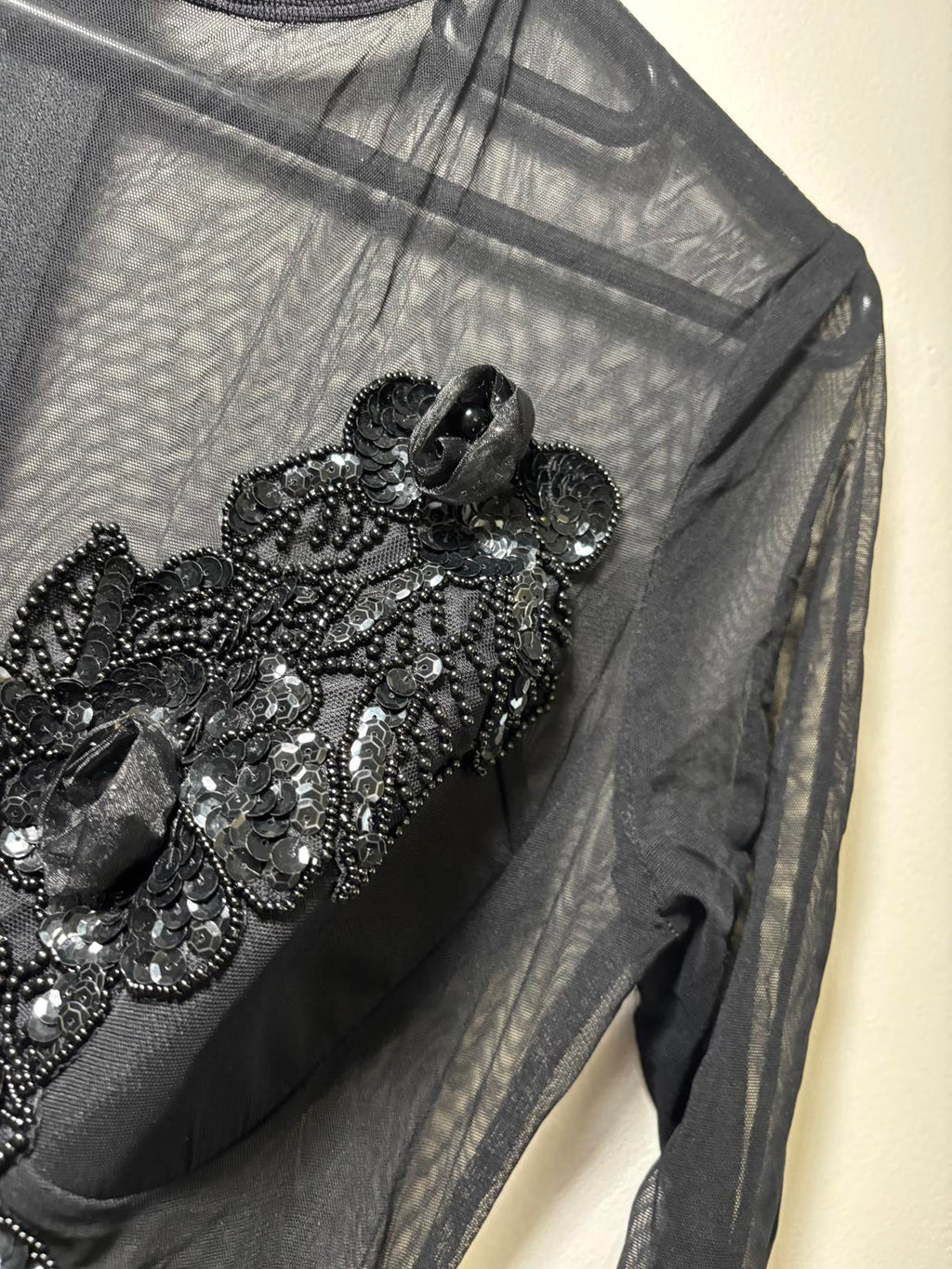 Elegant Black Long Sleeve Dress with Beaded Embellishments, Size M - Come Sell Nearly Anything