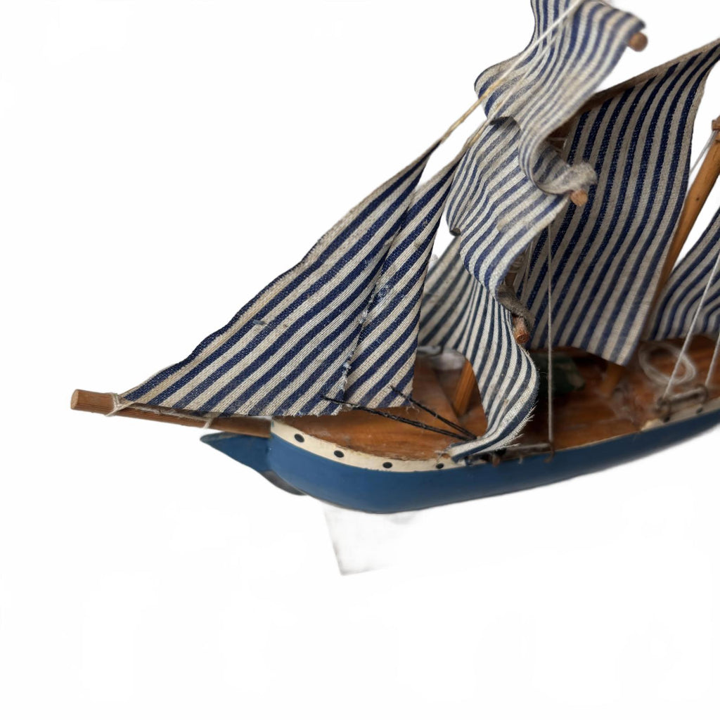 Decorative Nautical Wooden Sailboat Model w/ Blue & White Striped Sails broken m
