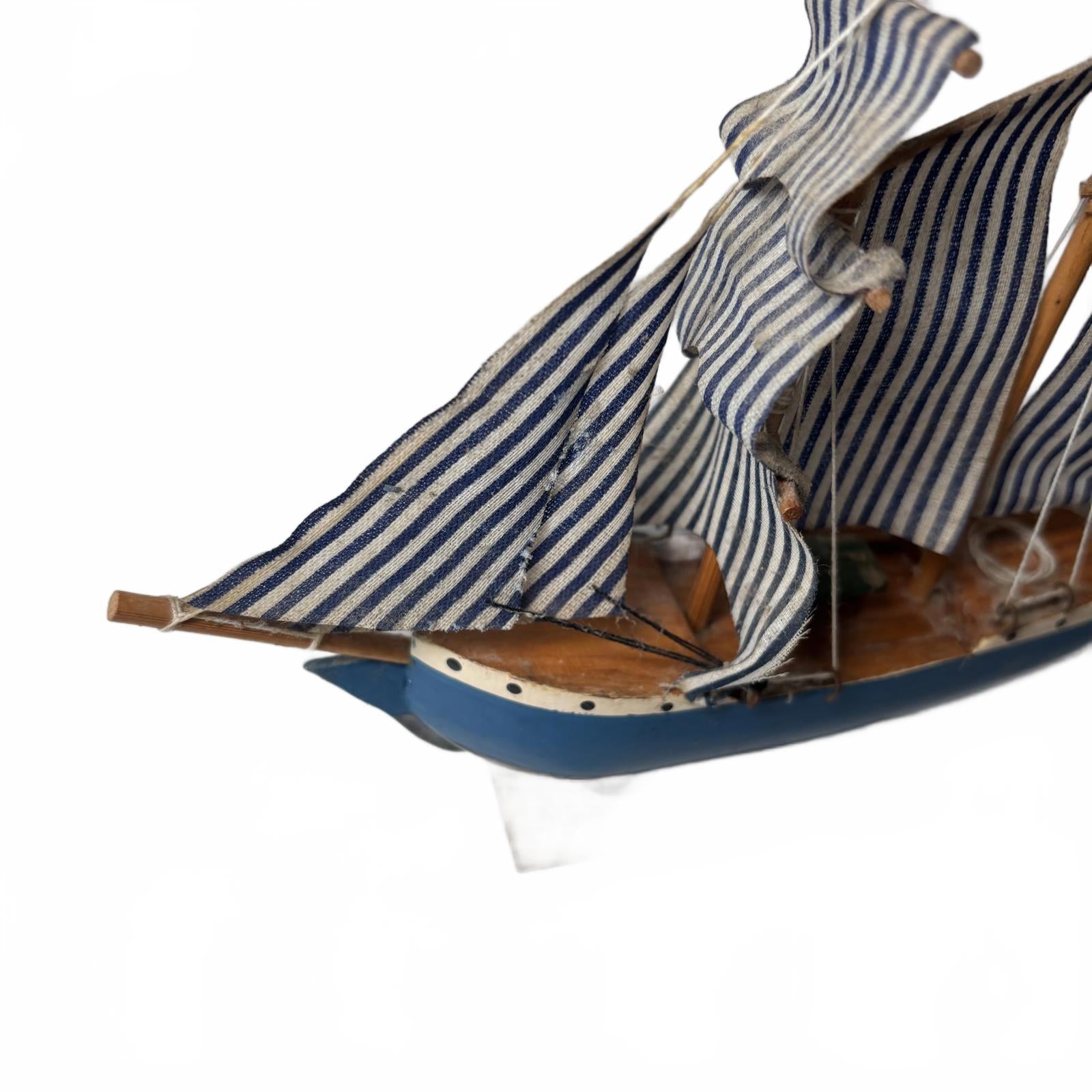 Decorative Nautical Wooden Sailboat Model w/ Blue & White Striped Sails broken m