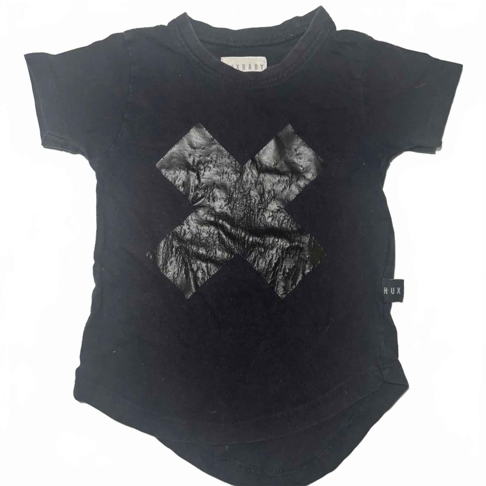Huxbaby Black Baby T-Shirt with Large X Print, Size 1