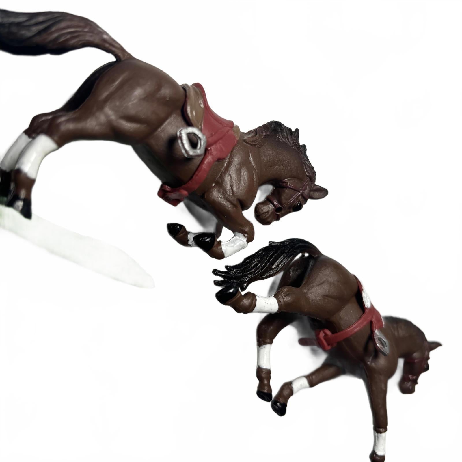 Set of 2 Brown Plastic Toy Horses with Saddle and Base