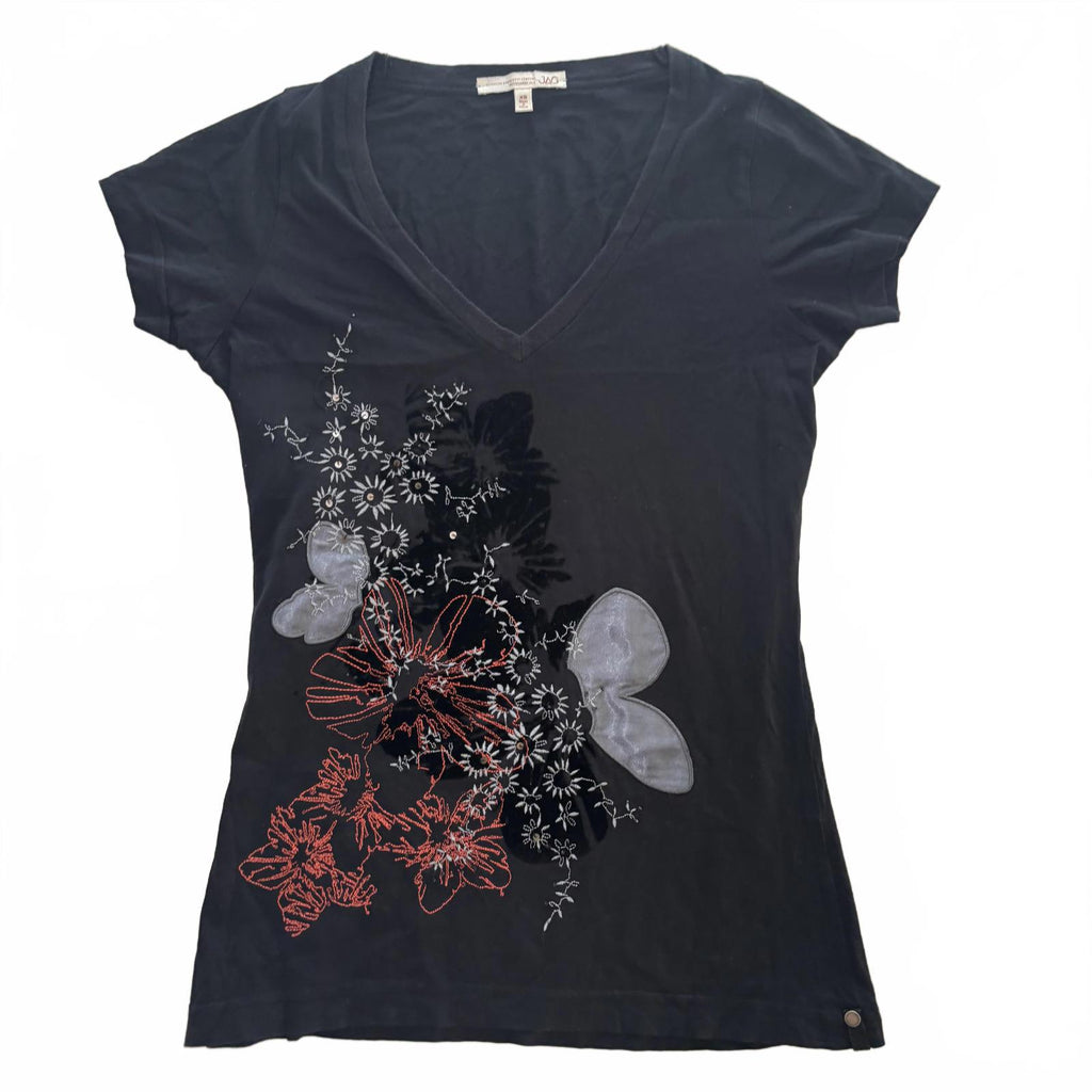 JAG XS Women's Black Floral Embroidered V-Neck T-Shirt - Come Sell Nearly Anything