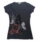 JAG XS Women's Black Floral Embroidered V-Neck T-Shirt - Come Sell Nearly Anything