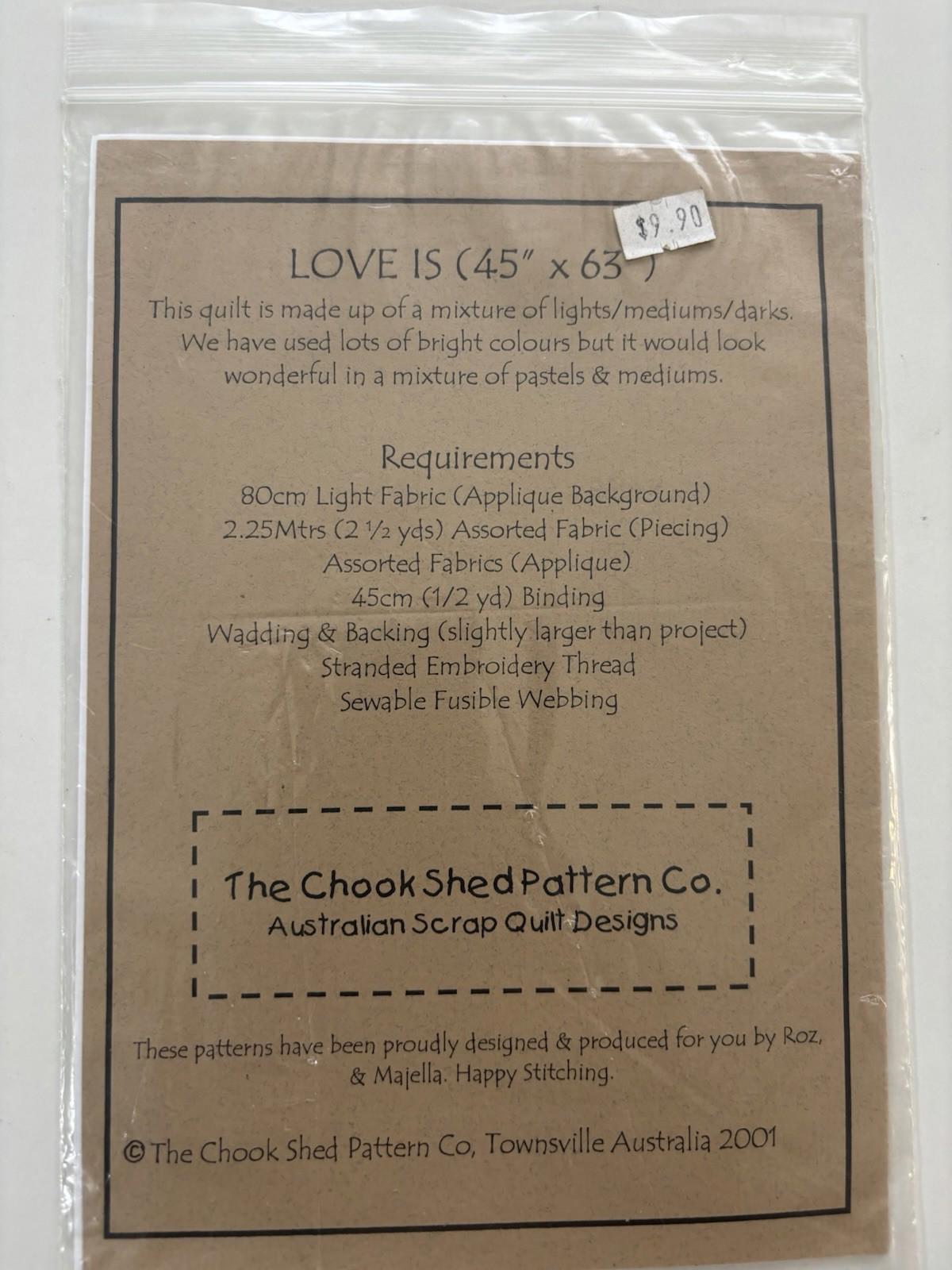 The Chook Shed - Love is - Patchwork Wall Hanger Sew Stitch Vintage Craft - Come Sell Nearly Anything