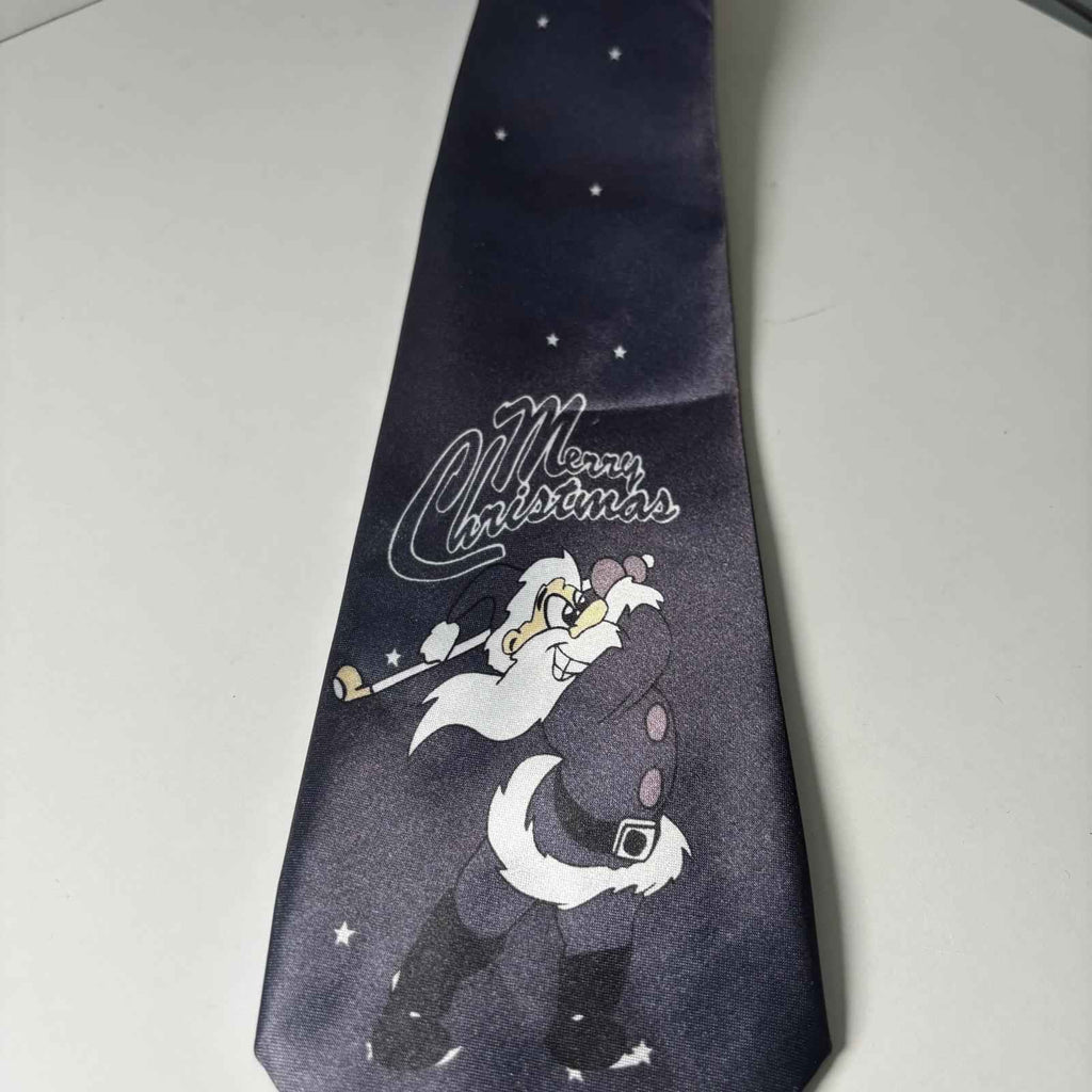 Men's Polyester Christmas Themed Neck Tie with Golf Santa at Night Design
