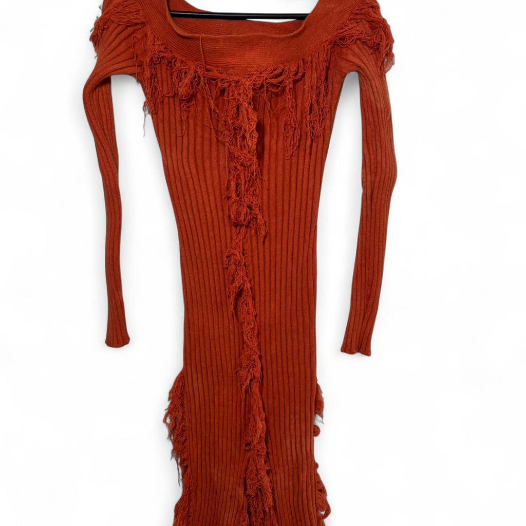 Rust Orange Ribbed Long Sleeve Dress with Fringe Details - XL - Come Sell Nearly Anything