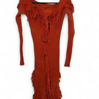 Rust Orange Ribbed Long Sleeve Dress with Fringe Details - XL - Come Sell Nearly Anything