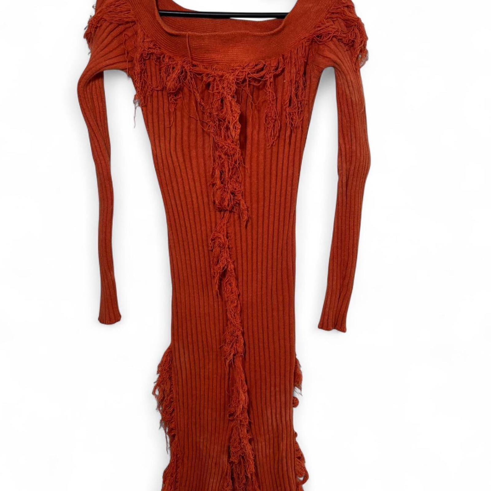 Rust Orange Ribbed Long Sleeve Dress with Fringe Details - XL - Come Sell Nearly Anything