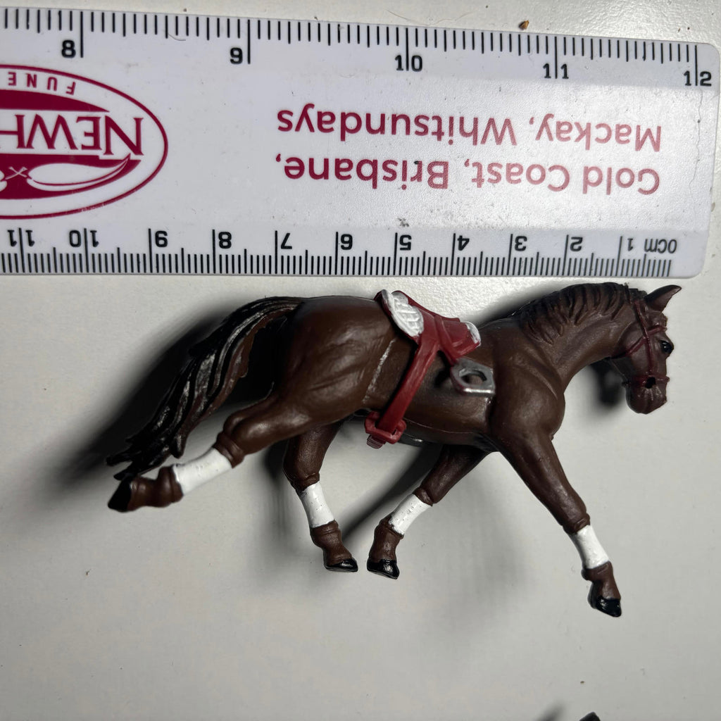 Set of 2 Brown Plastic Toy Horses with Saddle and Base