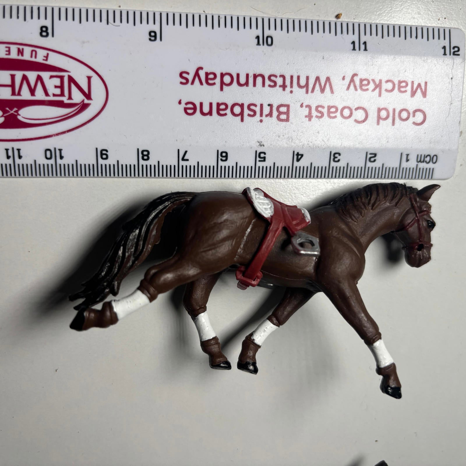 Set of 2 Brown Plastic Toy Horses with Saddle and Base