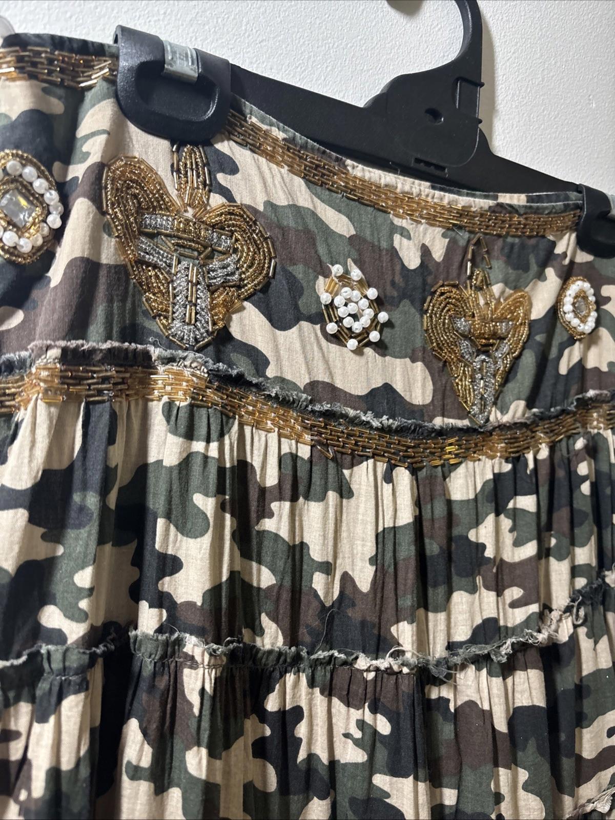 Rare ICE 1990s Vintage Boho CAMO Beaded Wrap Maxi Skirt S 10 Made in Aust - Come Sell Nearly Anything