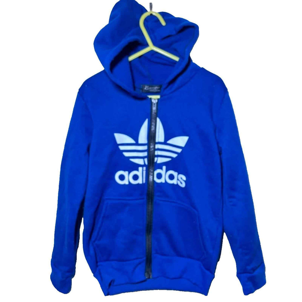 Royal blue Adidas zip-up hoodie with iconic logo kids size 7/8