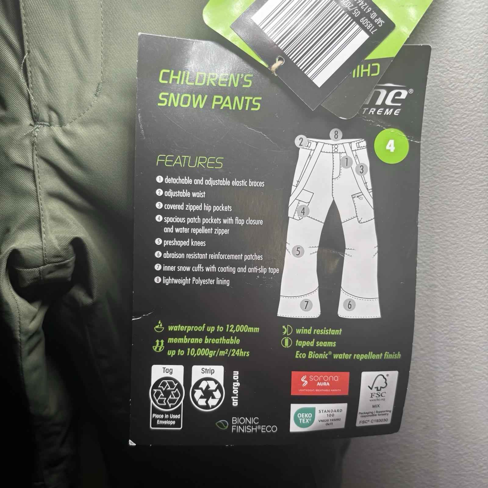 Childrens CRANE Snow Extreme Karki  Green Size 4 Ski Snowboarding Pants BNWT