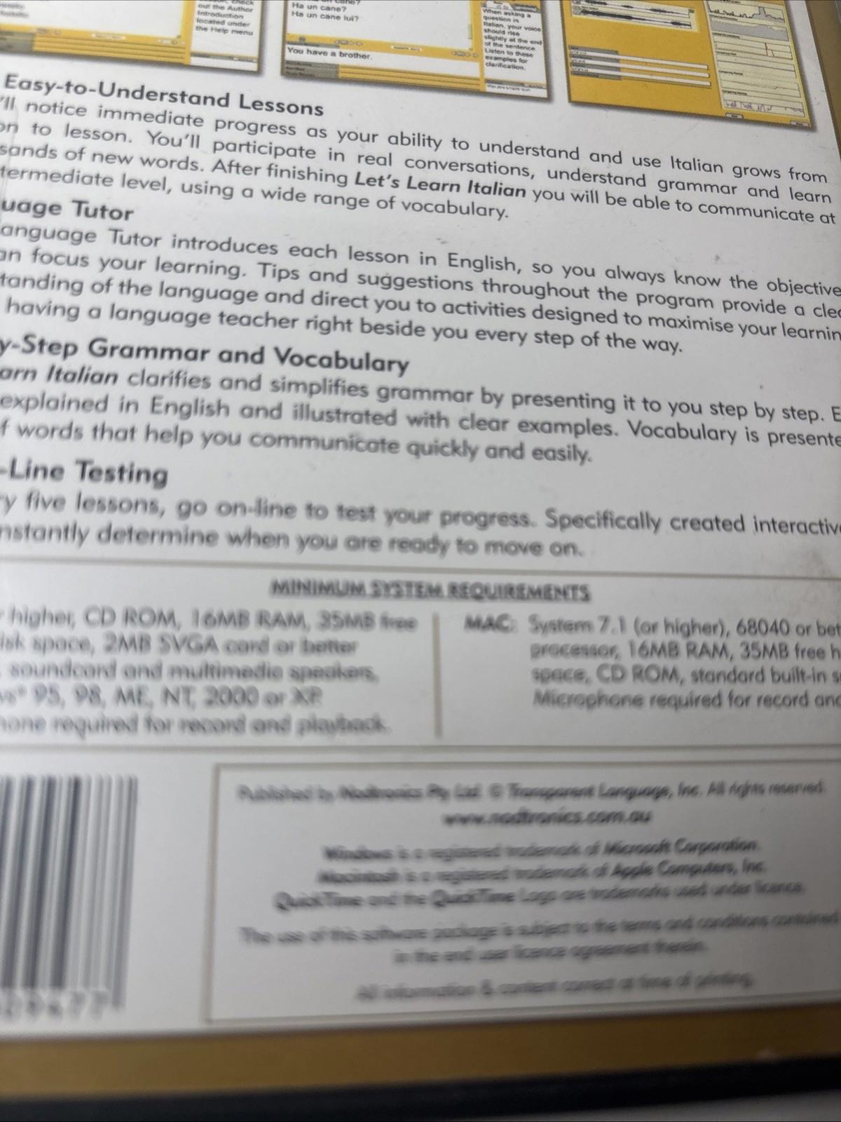 Let's Learn Italian 2002 PC Full Version Software Interactive Learning Brand New