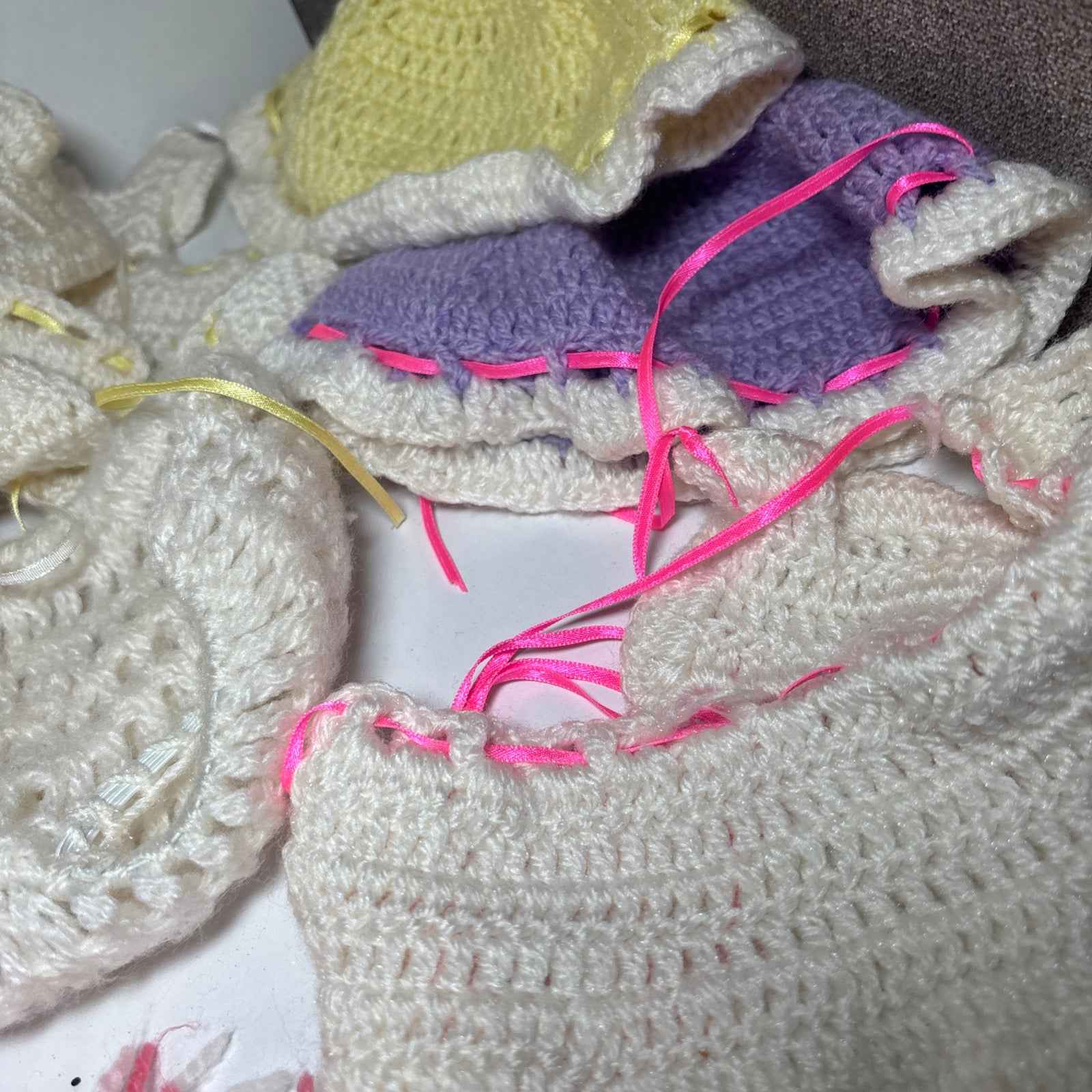 Mixed Vintage Doll Clothes Lot Shoes, Crochet Cap And Misc.