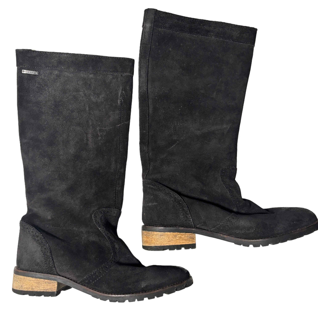 Diesel Women's Prairie Black Oiled Leather Tall Pull On Boots Size 8.5