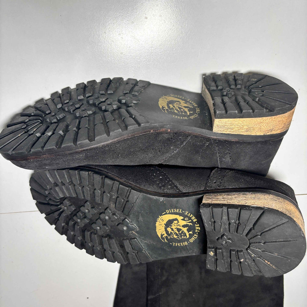 Diesel Women's Prairie Black Oiled Leather Tall Pull On Boots Size 8.5