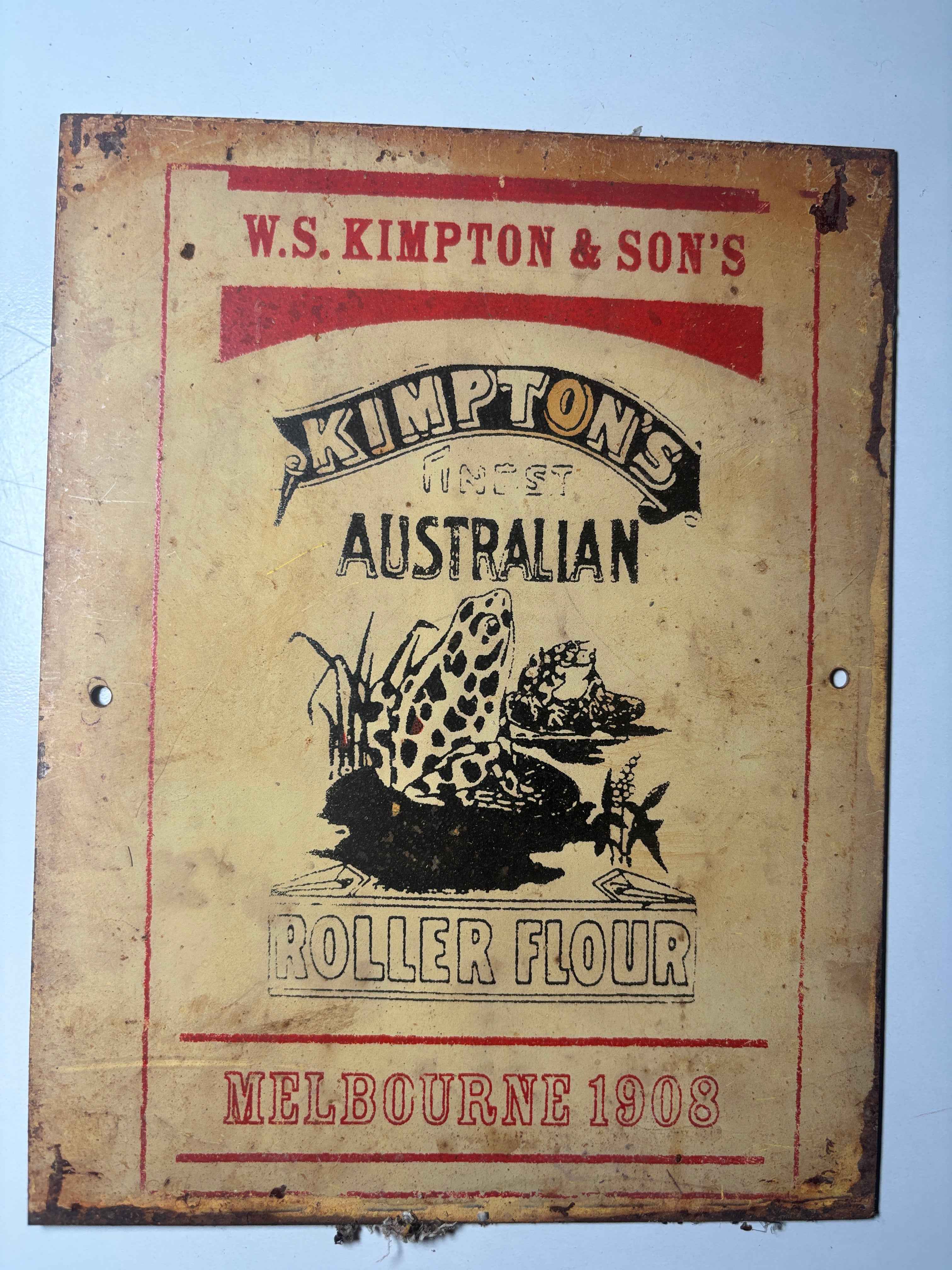 W.S KIMPTON & SONS Roller Flour Millers Melbourne 1908 Metal Sign