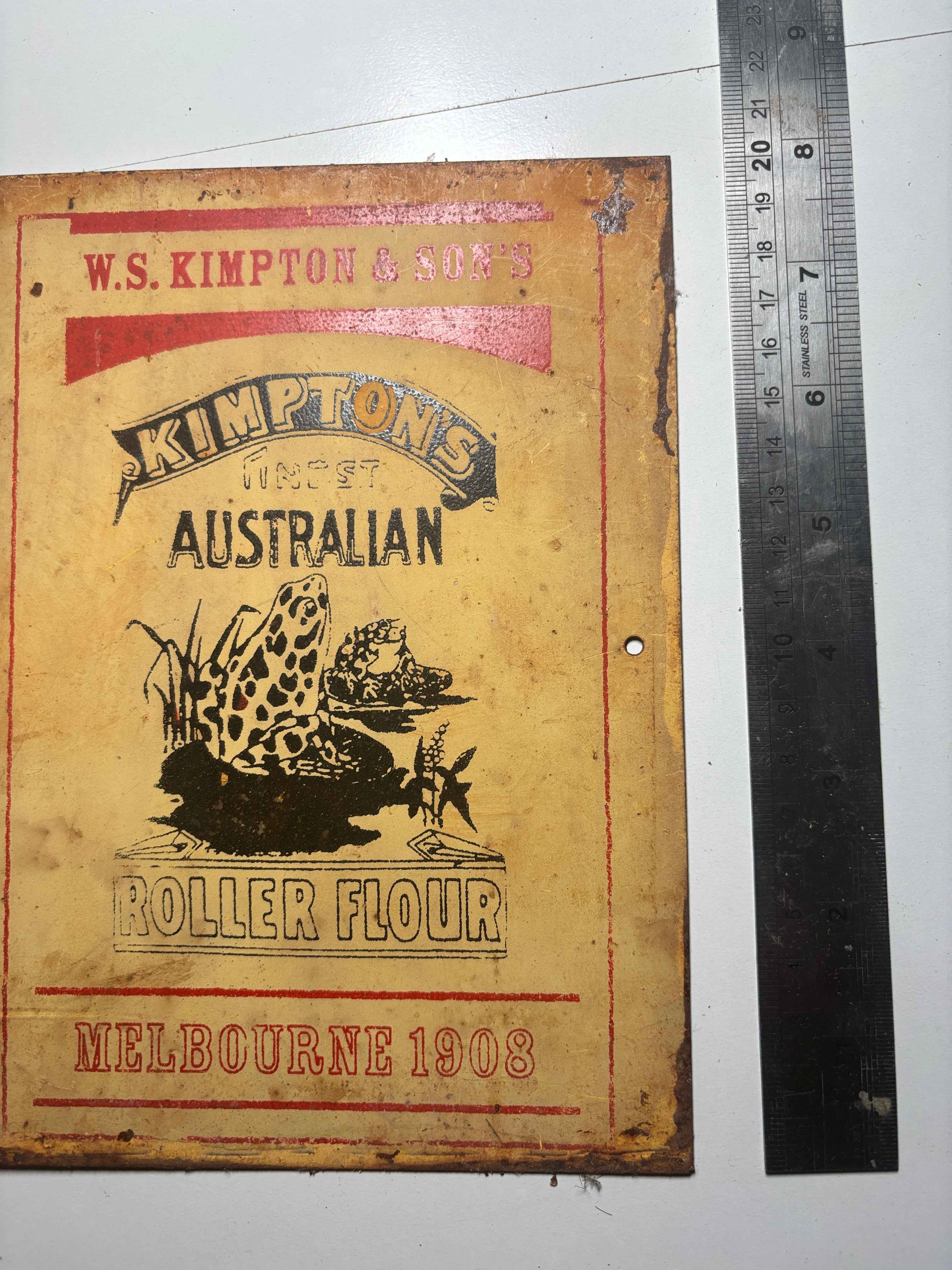 W.S KIMPTON & SONS Roller Flour Millers Melbourne 1908 Metal Sign