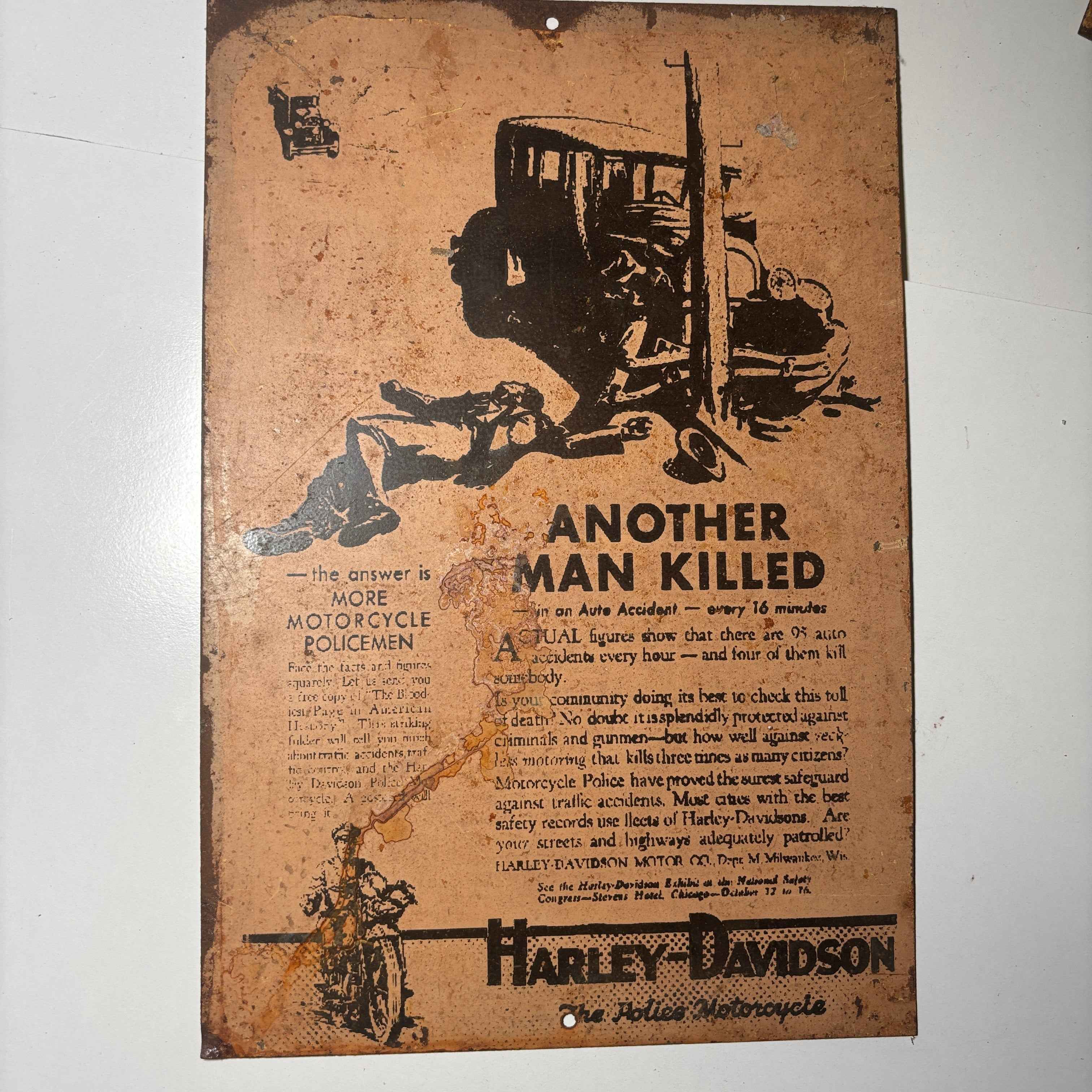 Harley Davison Press Another Man killed Car Crash Motorcycle Advert Metal Sign