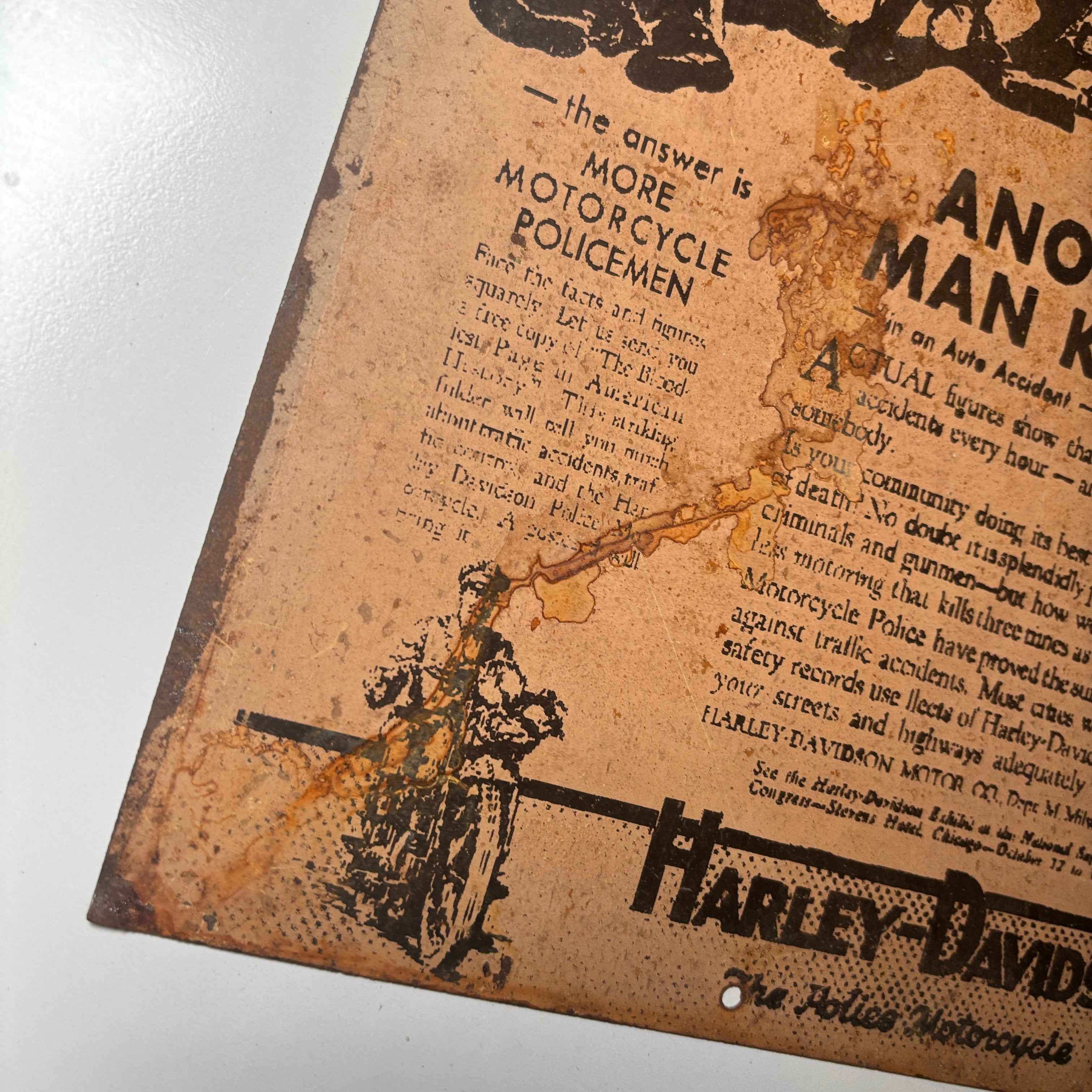 Harley Davison Press Another Man killed Car Crash Motorcycle Advert Metal Sign