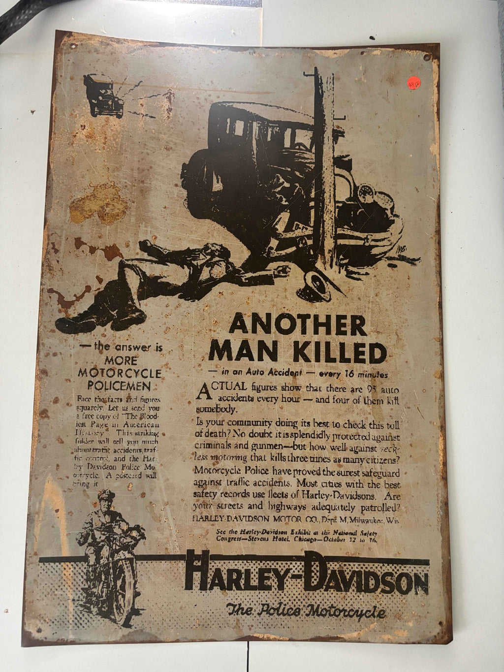 Harley Davison Press Another Man killed Car Crash Motorcycle Advert Metal Sign