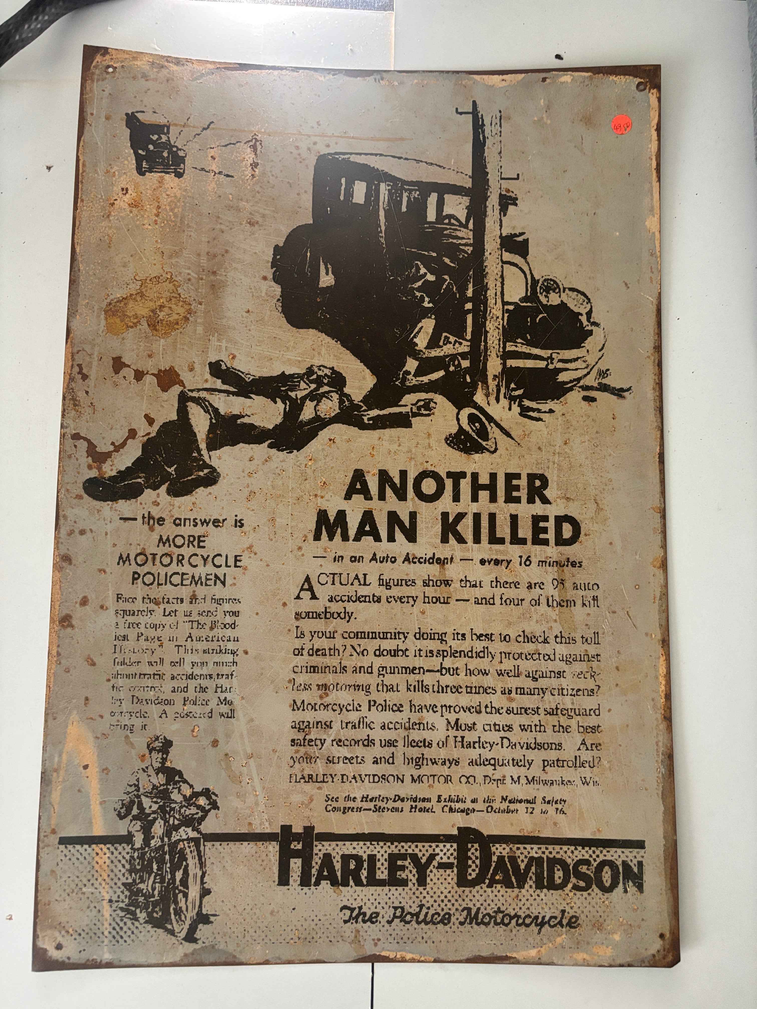 Harley Davison Press Another Man killed Car Crash Motorcycle Advert Metal Sign