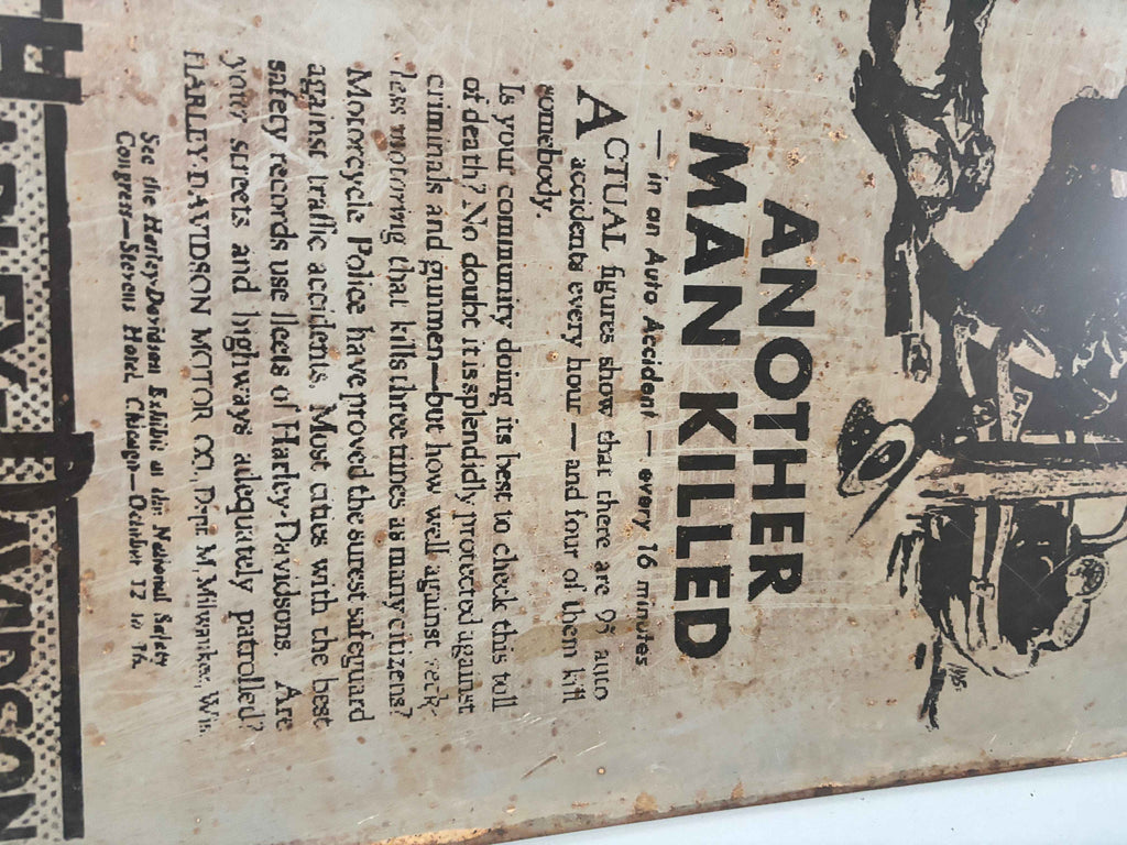 Harley Davison Press Another Man killed Car Crash Motorcycle Advert Metal Sign